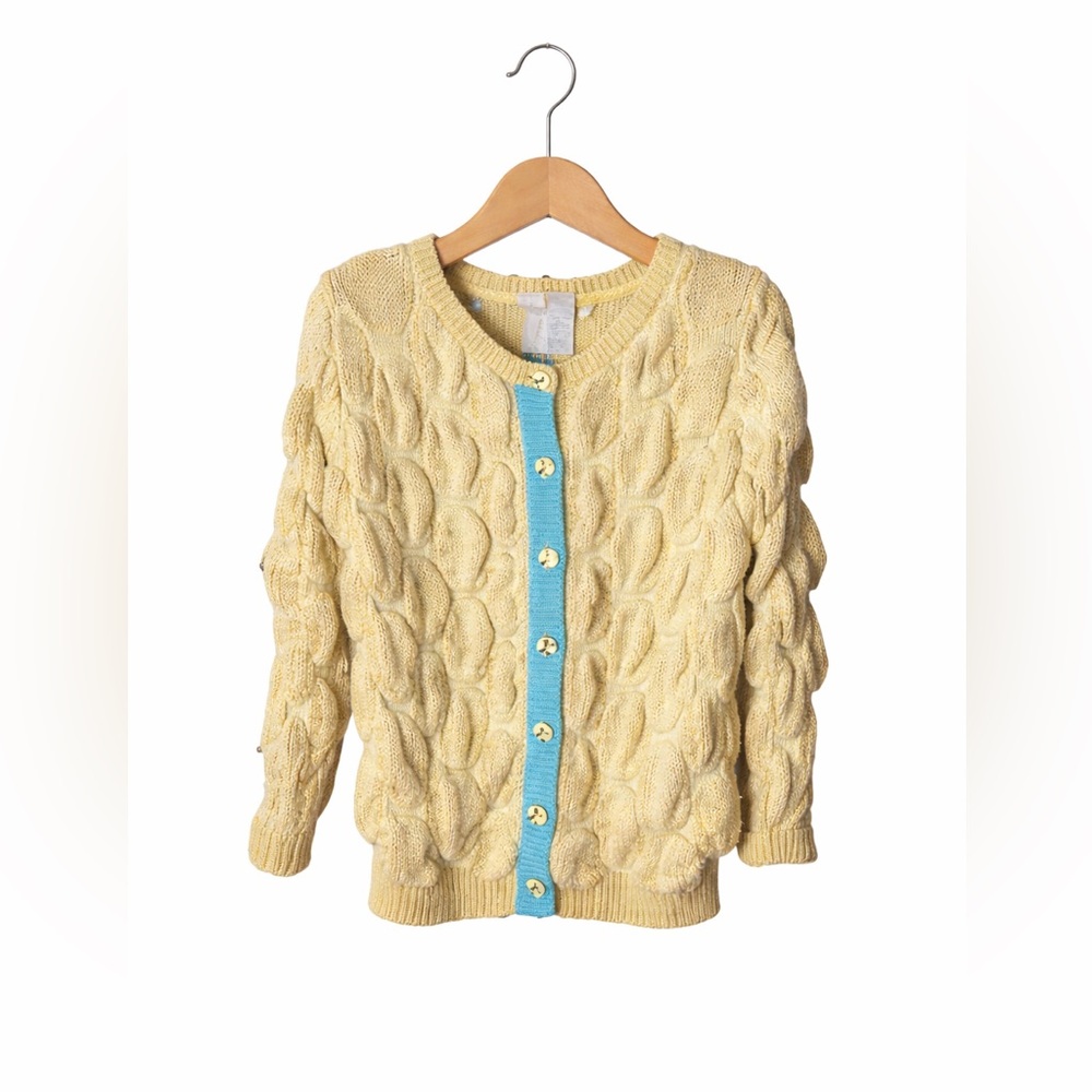 Paint by Numbers Girls Golden Yellow Cable Knit Cardigan Size 6 Blue Trim